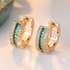 Gold Hoop Earrings with Green and Clear Stones - Women Jewelry